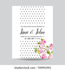 Save the Date Card with Spring Cherry Flowers for Wedding, Invitation, Party, RSVP in vector