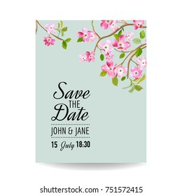 Save the Date Card with Spring Cherry Flowers for Wedding, Invitation, Party, RSVP in vector