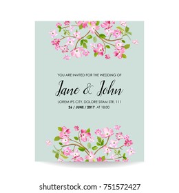 Save the Date Card with Spring Cherry Flowers for Wedding, Invitation, Party, RSVP in vector