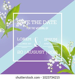 Save the Date Card with Spring Lily of the Valley Flowers. Wedding Invitation, Anniversary Party, RSVP Floral Template. Vector illustration