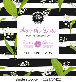 Save the Date Card with Spring Lily of the Valley Flowers. Wedding Invitation, Anniversary Party, RSVP Floral Template. Vector illustration