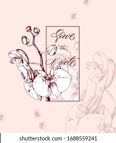 Guarde la plantilla de la tarjeta de fecha para la boda de aniversario con flores de orquídea. Se puede utilizar para cosméticos, salón de belleza. Ilustración vectorial.