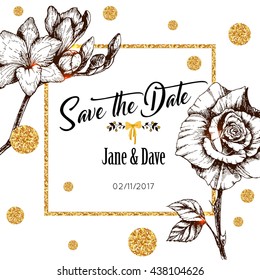 Save the date card template for anniversary wedding with freesia and rose flowers. Vector illustration.
