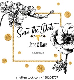 Save the date card template for anniversary wedding with anemone and orchid flowers. Vector illustration.
