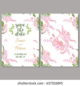 Save the date card template in botanical style. Wedding invitation, baby shower, menu, flyer, banner template with floral background.