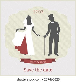 Save the date card template with bride and groom in retro style and laconic colors with red emphasis