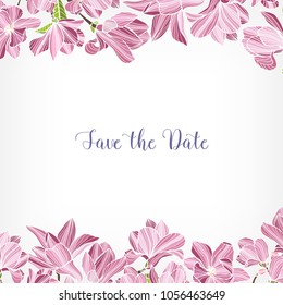 Save the Date card template decorated with floral border or frame made of pink blooming magnolia flowers. Square background with gorgeous flowering plants. Colored hand drawn vector illustration.