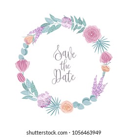Save the date card template decorated with round frame, border or wreath made of summer flowers and leaves. Circular floral decorative element with place for text. Hand drawn vector illustration.