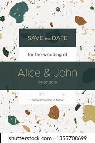 Save the date card template decorated classic Italian Terrazzo marble texture. Formal invitation to follow. Classic elegant style. Size 5x7 inch. Seamless terrazzo texture included in the palette.