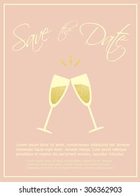 Save the date card template in delicate colors. Wine glasses. Glittered texture.