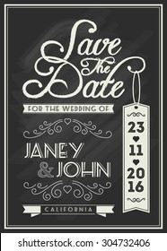 Save the date card template design with typography and flourish line art on chalkboard theme for vintage wedding invitation