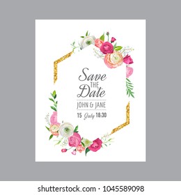 Save the Date Card Template with Gold Glitter Frame and Pink Flowers. Wedding Invitation, Greeting with Floral Ornament. Vector illustration