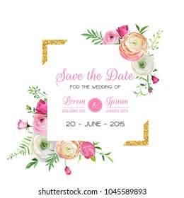 Save The Date Card Template With Golden Glitter Frame And Pink Flowers. Wedding Invitation, Greeting With Floral Ornament. Vector Illustration