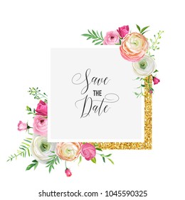 Guardar la plantilla de la tarjeta de fecha con marco de brillo dorado y flores rosas. Invitación a la boda, saludo con ornamento floral. Ilustración del vector