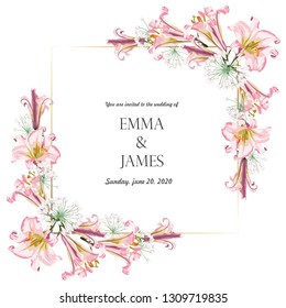 Save the Date Card Template with Golden Frame and Pink lilies Flowers. Wedding Invitation, Greeting with Floral Ornament.