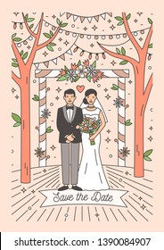 Save The Date card template with happy newlywed couple. Wedding party invitation with cute smiling bride and groom. Colorful vector illustration in modern line art style for event celebration.