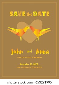 Save the Date Card template. Marriage invitation card with custom sign. Hand drawn fancy style. Colorful couple of birds lovers. Wedding day announcement. Stylish vintage poster. Vector illustration