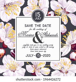 Save the date card template with realistic spring flowers on dark background. Vector apricot inflorescence, white color. Social media template, use place for text, posters, banners and advertisement