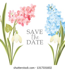 Save the date card with template sign and spring flower garland. Lilac and galantus bouquet for wedding card. Printable vintage marriage invitation with flowers over white. Vector illustration.
