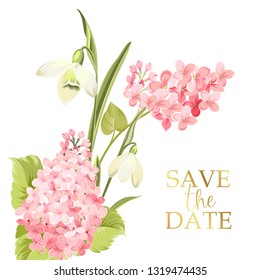 Save the date card with template sign and spring flower garland. Lilac and galantus bouquet for wedding card. Printable vintage marriage invitation with flowers over white. Vector illustration.