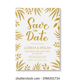 Speichern Sie die Vorlage für die Datumskarte. Einladung in Weiß und Gold. Minimalistische geometrische Design Geburtstagsfeier einladen. Vektorgrafik.