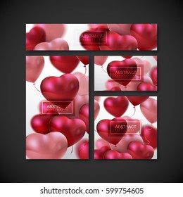 Save the date card templates with balloon hearts. Vector holiday illustration. Happy Valentines Day. Honeymoon decoration. Wedding invitation concept. Banner, flyer, card or poster template design