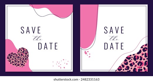 Guardar las Plantillas de tarjetas de dátiles decoradas con estampado de leopardo, líneas y Formas. Ilustración vectorial