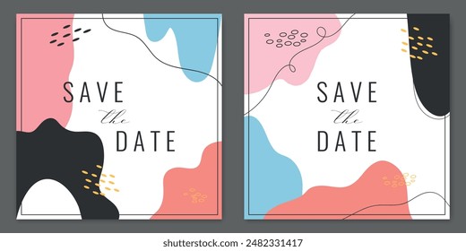 Save the date card templates decorated abstract shapes and lines. Vector illustration