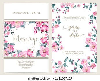 Save the date card with text place and flower frame. Holiday flowers frame for invitation card template. Printable marriage invitation with sakura flowers over white background. Vector illustration.
