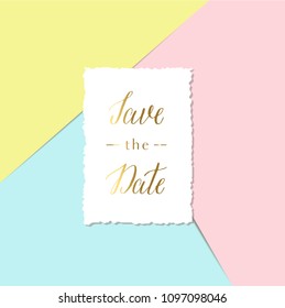 Save the date - card with a torn edge  on a pink, blue and yellow background vector.