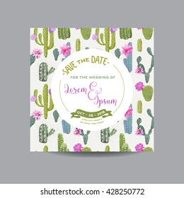 Guardar la tarjeta de fecha. Cactus Tropical. Invitación a la boda. Vector