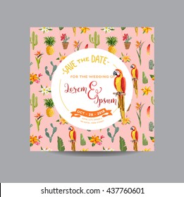 Guardar la tarjeta de fecha. Cactus Tropical. Invitación a la boda. Pájaro loro. Vector