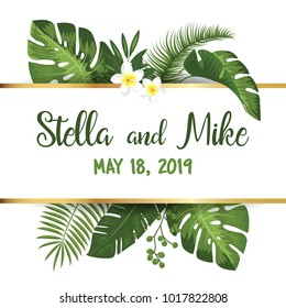 Save the date card with tropical exotic leafs and flowers. Wedding invitation design with jungle plants