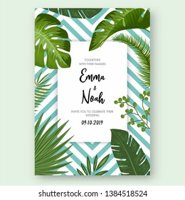 Save the date card with tropical exotic leaves. Wedding invitation design with jungle plants on chevron background