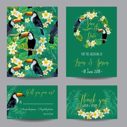 Save The Date Card. Tropical Flowers And Toucan Birds. Wedding Invitation. Vector. 