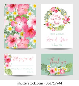 Save The Date Card - Tropical Flowers - For Wedding, Invitation, Party - In Vector