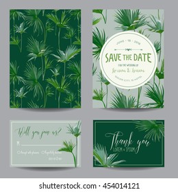Guardar la tarjeta de fecha. Hojas Tropicales. Invitación a la boda. RSVP. Vector