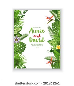 Save the date card with tropical plants and flowers