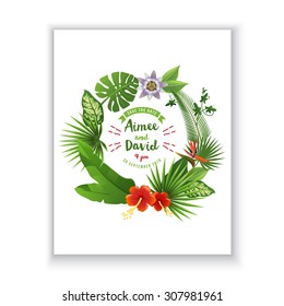 Save the date card with tropical wreath on white background