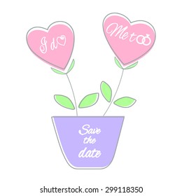 Save the date card vector illustration Pink heart shaped plants in a violet flower pot Heart flowers Simple romantic wedding invitation card template in pastel colors