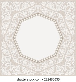 Save the date card in Victorian style. Vintage floral frame in pastel colors. Template decor for greeting card and wedding invitation. Ornate  border in arabic motif. Vector illustration