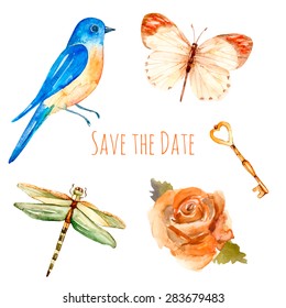 Speichern Sie die Datumskarte. Vintage-Kollektion für Ihr Design. Romantischer Satz von handgezeichneten Elementen: Vogel, Rosengarten, Libelle, Schmetterling, Schlüssel. Vektorhintergrund für Einladung, Hochzeit und Grußkarten.