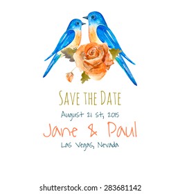 Save the date card. Vintage watercolor wedding illustration with birds and rose flower. Romantic set of hand drawn elements. Vector background for invitation, wedding and greeting cards.. 