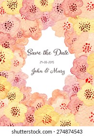 Save the date card with watercolor hand drawn flowers. Spring or summer design for invitation, wedding or greeting cards