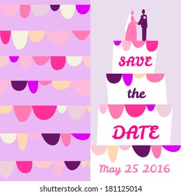 Save the date card with wedding cake and bride and groom figures.