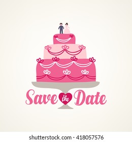 Save the date card with wedding cake and figurines of a bride and groom on light background. Perfect for wedding invitation, cards, web page design. Vector illustration