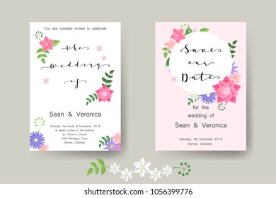 Save the date card, wedding invitation, greeting card with beautiful flowers and letters "Save The Date", "The Wedding of". Vector EPS10