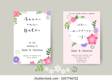 Save the date card, wedding invitation, greeting card with beautiful flowers and letters