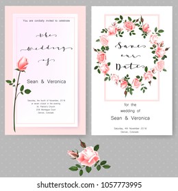 Guarde la tarjeta de fecha, invitación a la boda, tarjeta de saludo con hermosas rosas flores y letras