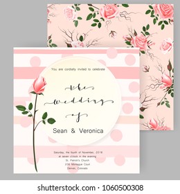 Save the date card, wedding invitation, greeting card with beautiful roses flowers and letters "The Wedding of"